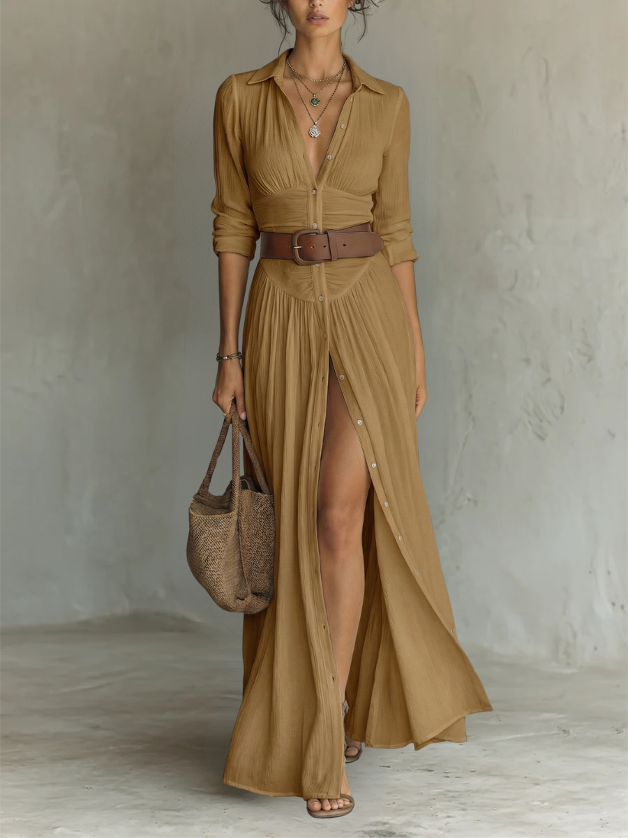Elegant Notched Collar Maxi Dress