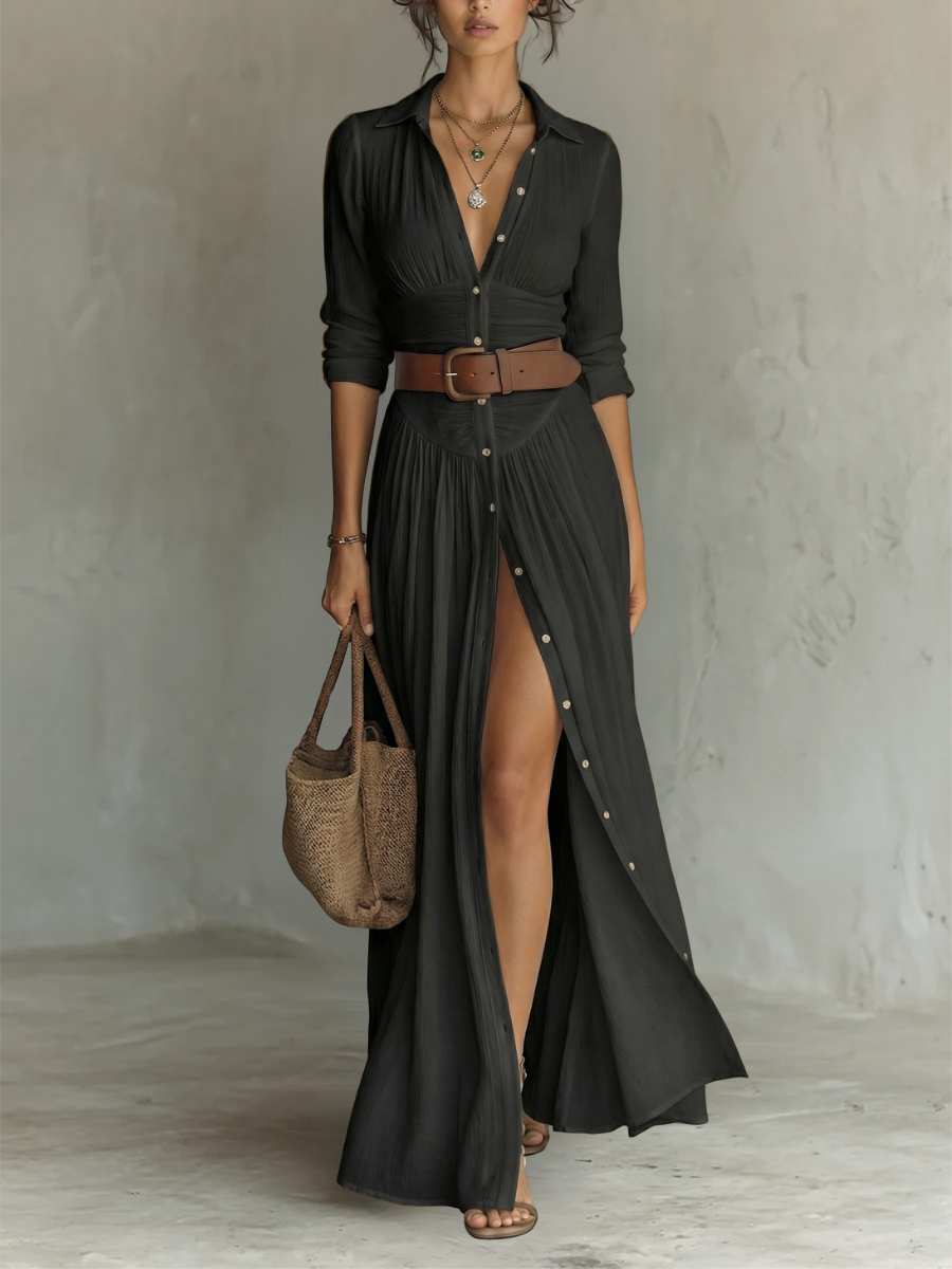 Elegant Notched Collar Maxi Dress