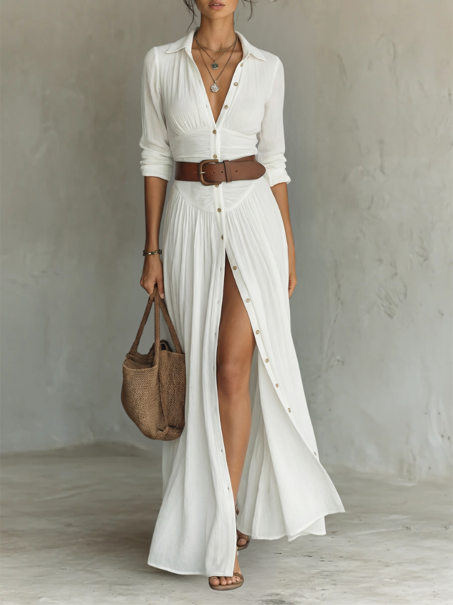 Elegant Notched Collar Maxi Dress