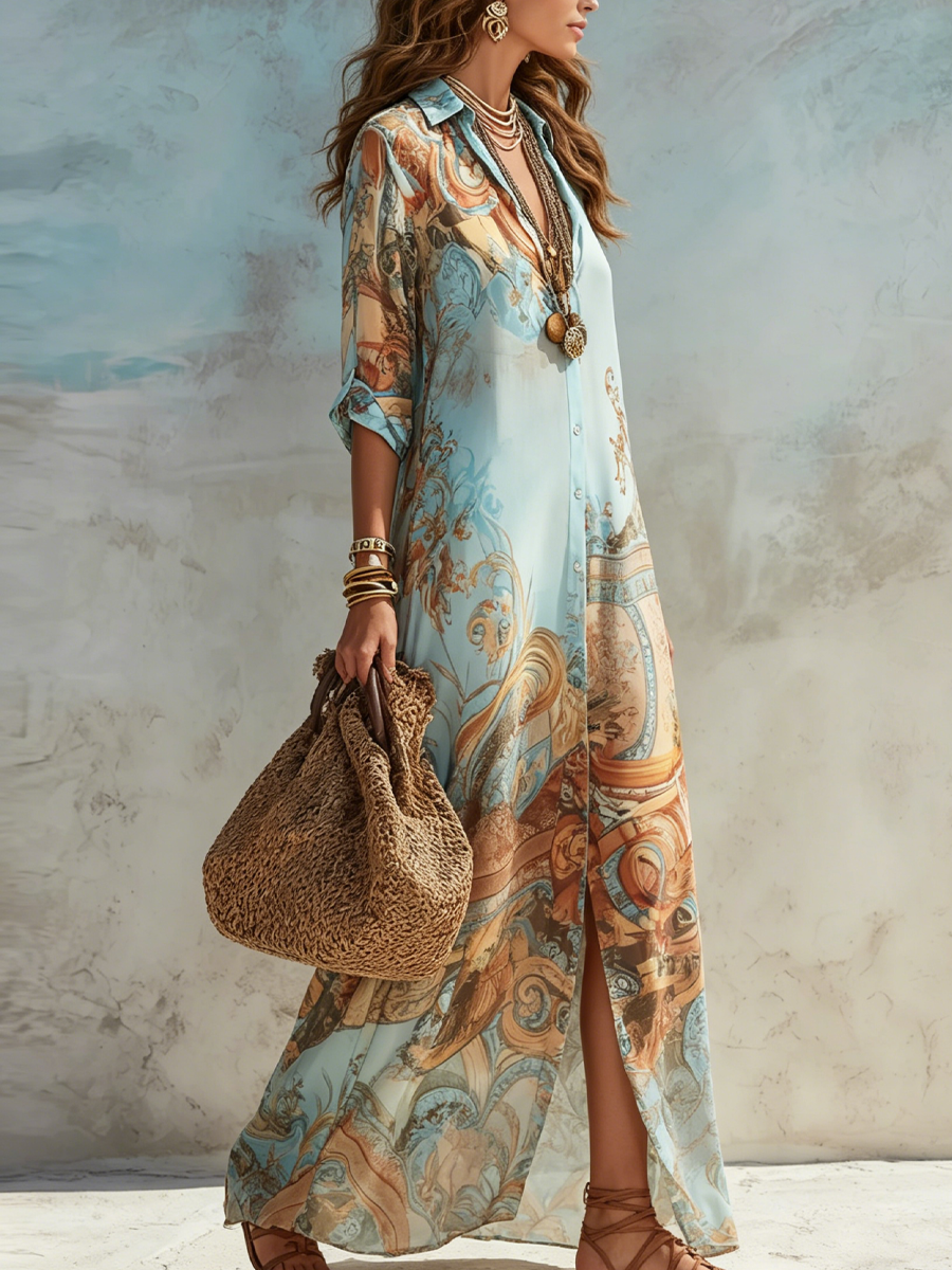 Mediterranean Style Silk Shirt Dress