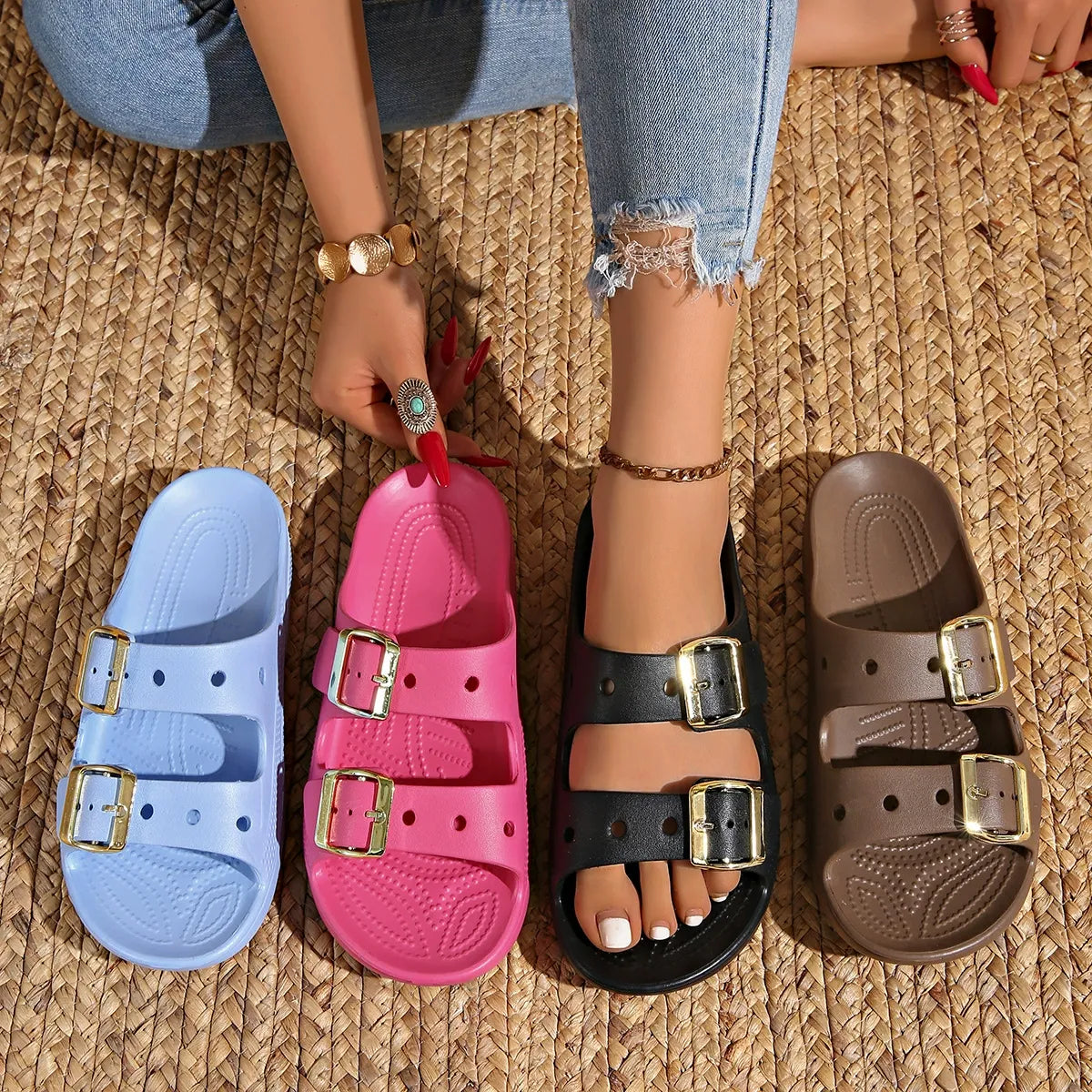 Leather Double Buckle Slides