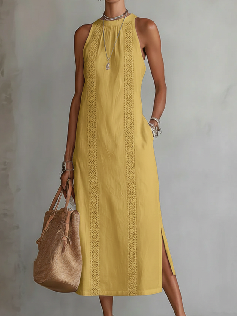Embroidered Mandarin Collar Midi Dress