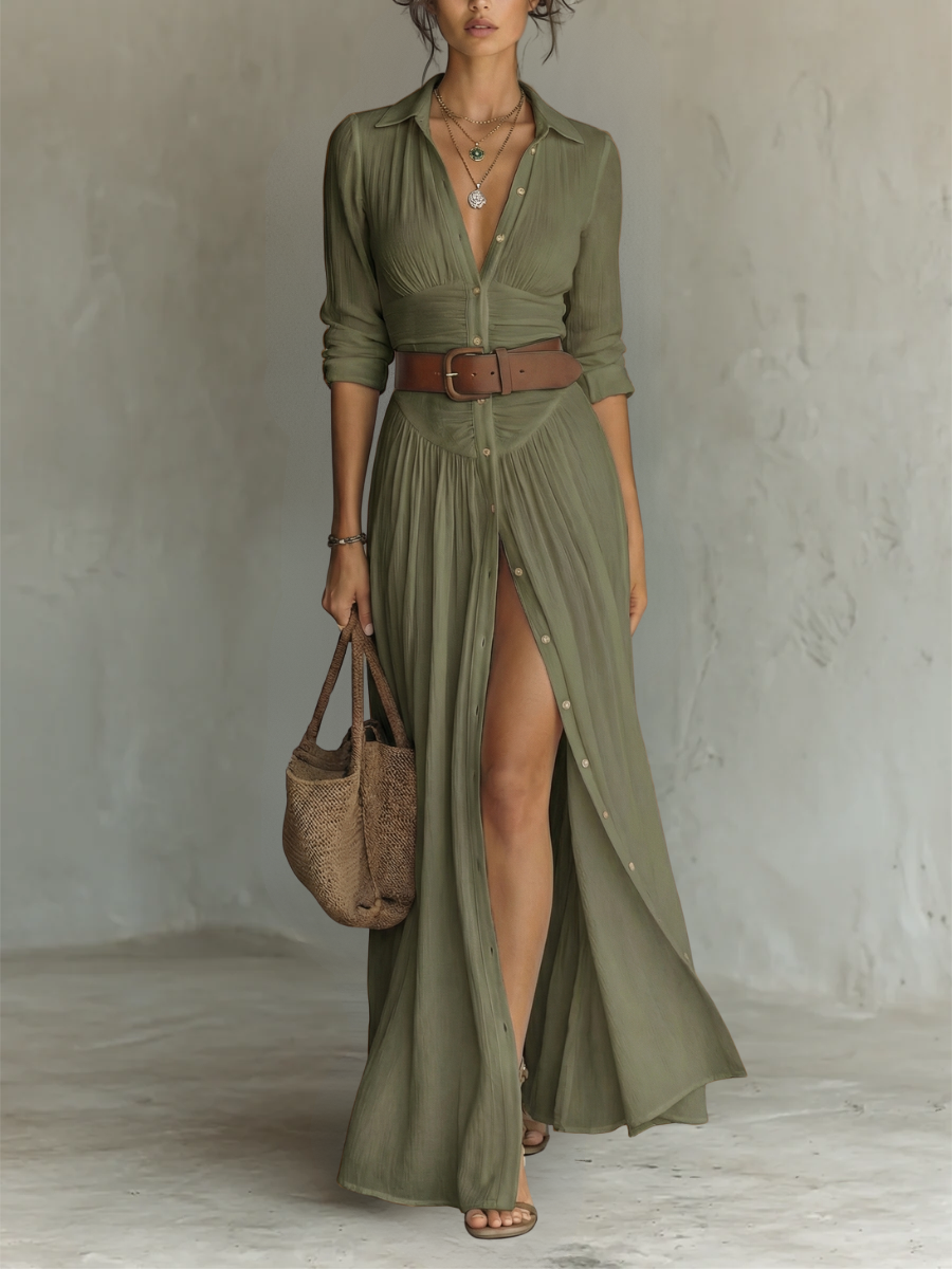 Elegant Notched Collar Maxi Dress