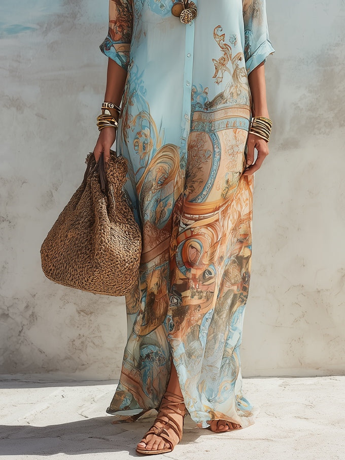 Mediterranean Style Silk Shirt Dress