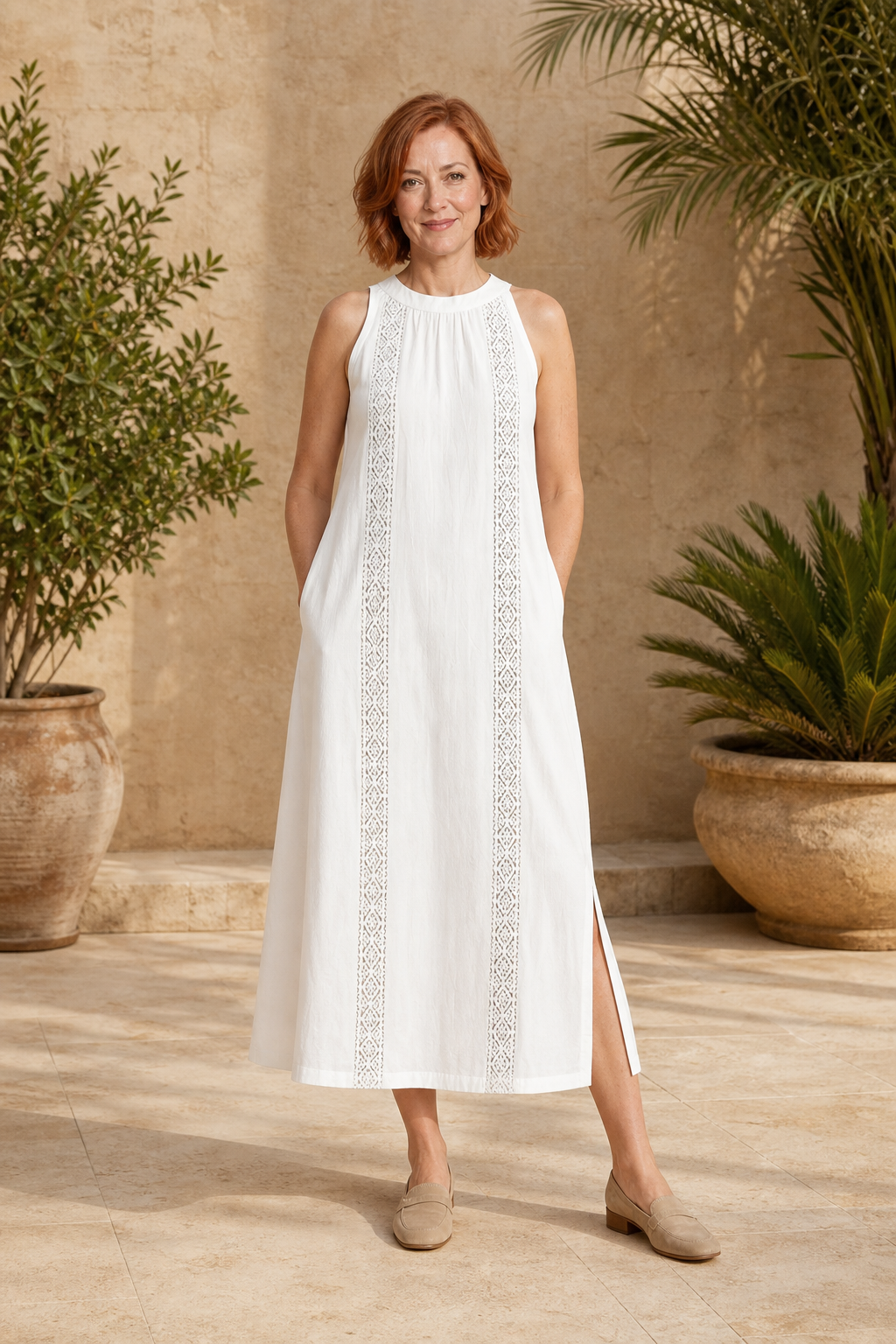 Embroidered Mandarin Collar Midi Dress