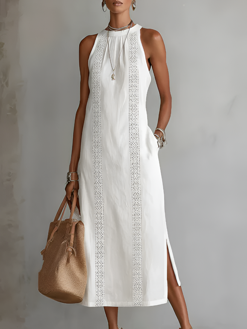 Embroidered Mandarin Collar Midi Dress
