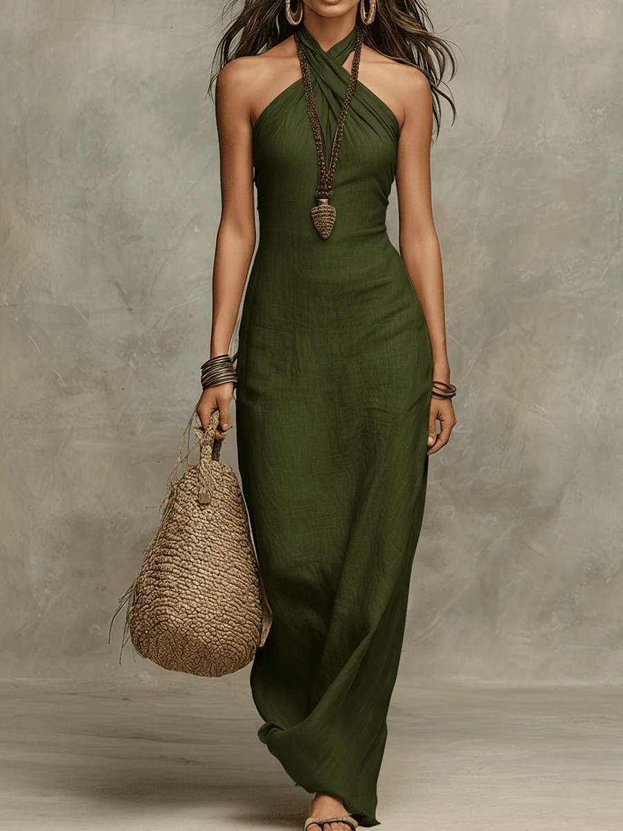 Elegant Crossover Halter Maxi Dress
