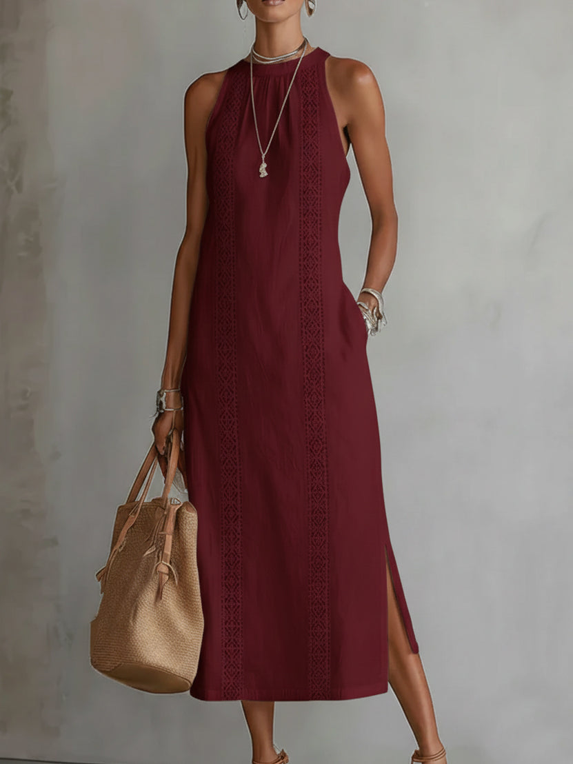 Embroidered Mandarin Collar Midi Dress